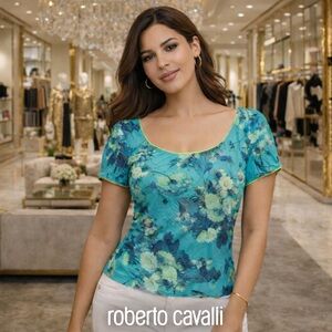 Roberto Cavalli Italy Floral Top Stretch Teal Yellow Trim Women’s US Medium y2K